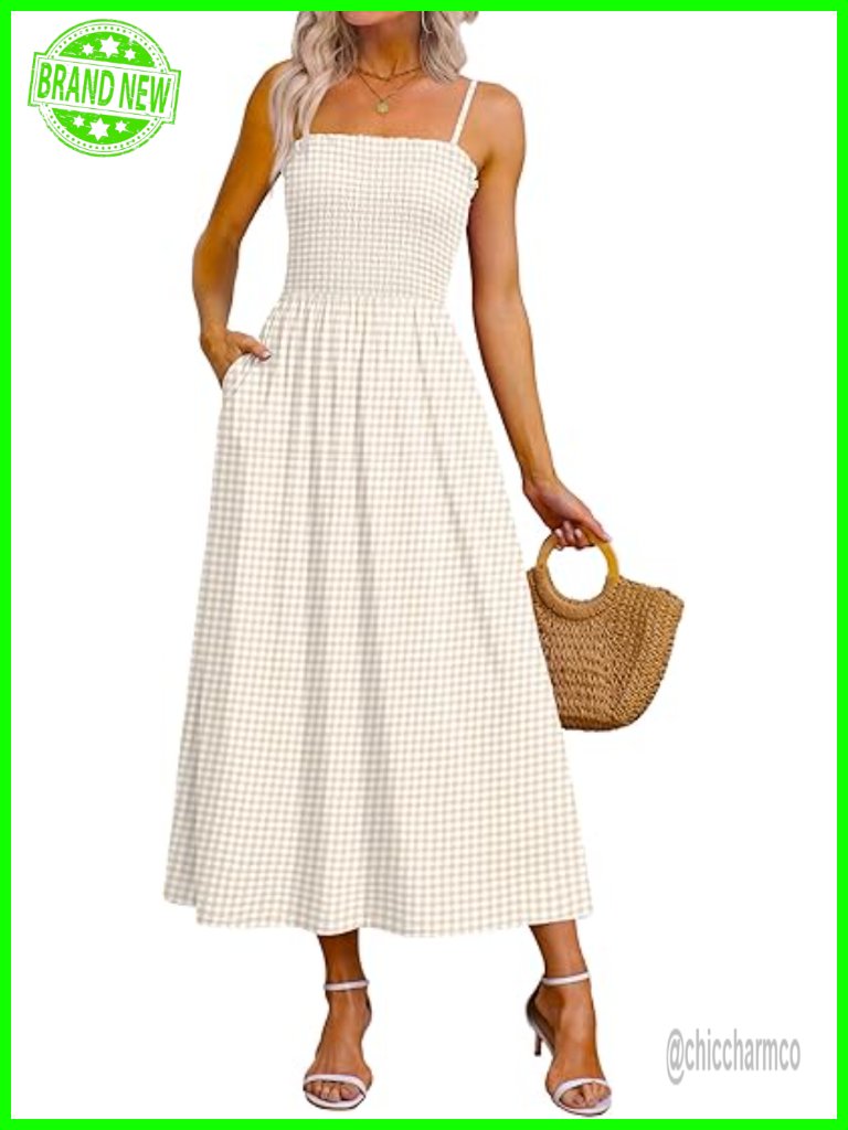 Spaghetti Strap Maxi Dress Smocked With Pockets Summer Casual Boho